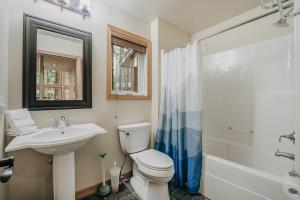 a bathroom with a toilet and a sink and a shower at Glacier Springs Cabin 40 - Wi-Fi - Hot Tub in Glacier +19 photos