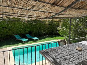 a patio with a table and chairs next to a pool at Les Jardins du Castelas - Domaine et Spas in Uchaux