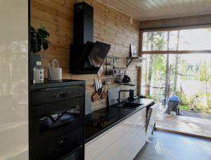 una cucina con fornelli e lavello di Niemi-Kapee Sammal - modern cottage by the lake Näsijärvi a Tampere