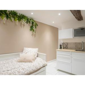 a room with a bed and a kitchen with a sink at Centre ville - Proche Théatre - Martelly in Grasse +28 photos