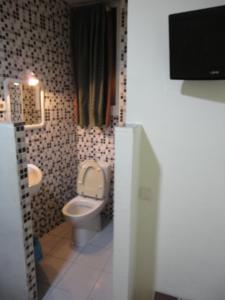 a bathroom with a toilet and a tv in it at Central Station Hostel Barcelona in Barcelona