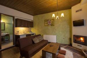 a living room with a couch and a fireplace at Ξενώνας Λίθος in Eptalofos