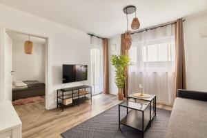 a living room with a couch and a tv at ELA Apartments Mannheim in Mannheim