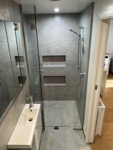 Un baño con ducha de cristal y lavabo. en Wanaka Matai Studio, en Wanaka