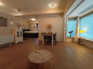 a large living room with a table and a couch at Studio In het Dorp in Middelstum