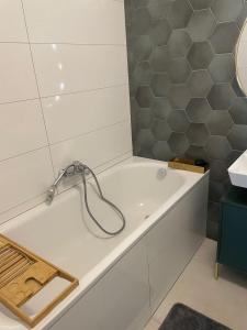 a bathroom with a bath tub with a hose at NOSTALGIE BOUTIQUE Suite in Brno +33 photos