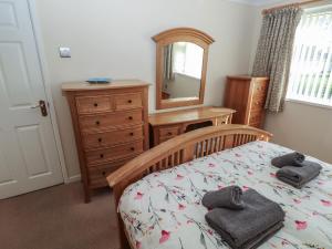 a bedroom with a bed and a dresser and a mirror at Kites - 52 Gower Holiday Village in Swansea