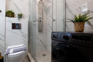 a bathroom with a toilet and a washer and dryer at September15 Suites, Lefkada-Episkopos in Nikiana