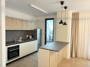 a kitchen with a counter top and a stove top oven at H Pipera - 2BR - Lake View in Voluntari