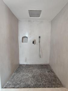 a bathroom with a shower in a white wall at Milos Pollonia Apartment in Mesochórion