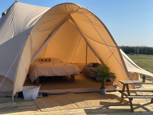a tent with a bed and a table in a field at Springfield glamping in Marwood