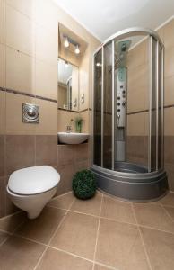 a bathroom with a shower and a toilet and a sink at Европейска площа in Kyiv