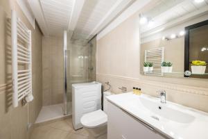 Un baño con inodoro, lavabo y ducha. en La Marne, Charming duplex in the heart of downtown Menton, en Menton
