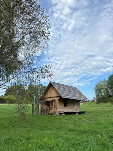 an old barn sitting in a field of grass at Rebäse Puhkemaja in Kokemäe