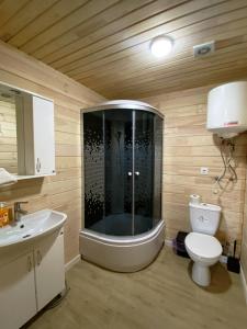 a bathroom with a shower and a toilet and a sink at GreenHotel in Chornomorsk +71 photos