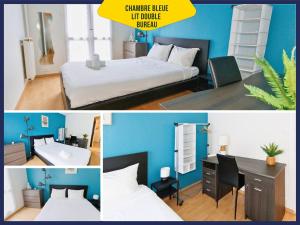 a collage of pictures of a bedroom with a bed and a desk at Grand Appartement 4chb centre-ville 8-10 personnes in Troyes