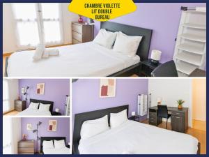 two pictures of a hotel room with a bed at Grand Appartement 4chb centre-ville 8-10 personnes in Troyes