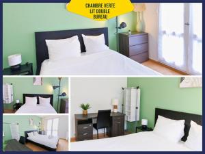 a bedroom with a bed and a desk and a room with green walls at Grand Appartement 4chb centre-ville 8-10 personnes in Troyes +36 photos