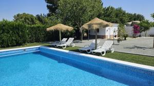einen Pool mit 2 Liegestühlen und Sonnenschirmen in der Unterkunft Casa Rural The Hope in La Puebla de Cazalla