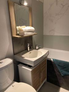une salle de bains avec lavabo, toilettes et miroir dans l'établissement Studio 212 lumineux à deux pas de l'océan, à Seignosse