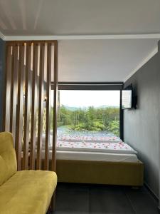 a bedroom with a bed and a large window at Vila Miorita in Sebeş