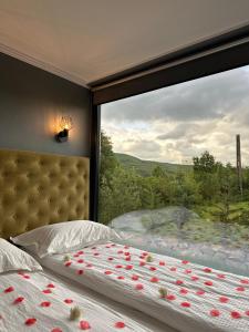 a bedroom with two beds and a large window at Vila Miorita in Sebeş +198 photos