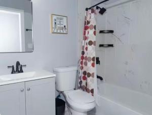 a bathroom with a toilet and a shower curtain at Pristine 3bdr 2ba Condo UChicago in Chicago +10 photos