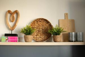a shelf with three potted plants and a heart on it at Hello Zeeland - Appartement Weststraat 14 in Domburg +6 photos