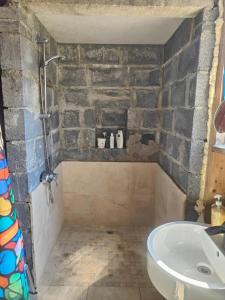 a bathroom with a shower and a sink at Bohemian Bell Tent in Kinvara County Galway in Kinvara