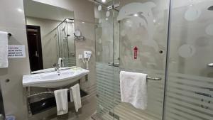 un bagno con lavandino e doccia di Tetra Tree Hotel 1 a Wadi Musa Altre 22 foto