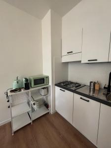 レッコにあるComo lake apartament with private parkingの小さなキッチン(白いキャビネット、電子レンジ付)