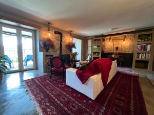 a living room with a white couch and a red rug at Birdhouse in Motovun