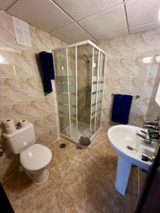 a bathroom with a shower and a toilet and a sink at Hostal Residencia Cardona in Arrecife +23 photos