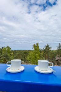two coffee cups sitting on a blue table at Atnaujinti buvę poilsio namai "Nidos Rūta" in Nida