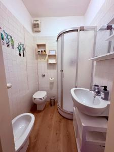 a bathroom with a shower and a toilet and a sink at Lecco via Roma in Lecco