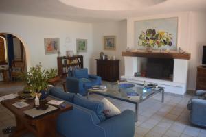 un soggiorno con sedie blu e camino di Villa Sycorax, waterfront with private jetty and buoy a Porto Rafael