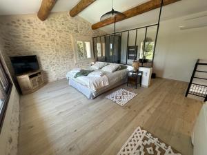 a bedroom with a bed and a tv in it at Cabanon douillet rousset les vignes in Rousset-les-Vignes