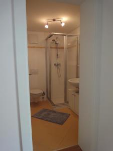 ein Bad mit einer Dusche, einem WC und einem Waschbecken in der Unterkunft Villa Tuscia in Salzburg