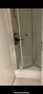 a shower with a glass door in a bathroom at Orchard Retreats Glamping At Black Barn Farm Norfolk in Salhouse
