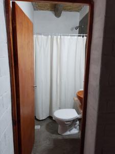 a bathroom with a toilet and a white shower curtain at Casa La Candelaria in Tilcara