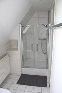 eine Dusche mit Glastür im Bad in der Unterkunft Pension Nordwind in Hedwigenkoog