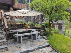 a picnic table with an umbrella in a garden at Rustico Cascina Val Malvaglia in Malvaglia +45 photos