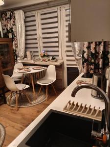 a kitchen with a sink and a table and chairs at Apartament Królewskie Pawie in Sandomierz