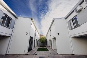 two white buildings with a tree in between them at Complejo Coirón in San Rafael