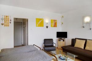 Una sala de estar con un sofá y un televisor. en Suite Harmony, en Seefeld in Tirol