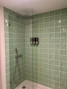 Un baño con ducha con azulejos verdes. en Santa Justa Cozy Room, en Lisboa