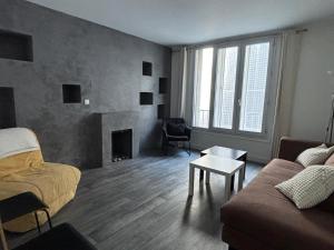 a living room with a couch and a fireplace at App centre-ville près du château, grand appartement in Caen