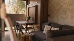 a living room with a couch and a table at Woodbox Istebna in Istebna