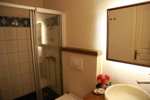 a bathroom with a shower and a sink and a toilet at Dardanos Hotel in Patara +31 photos