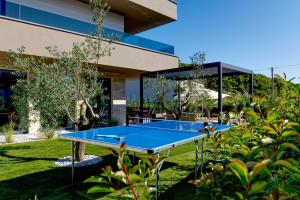 un tavolo da ping pong blu di fronte a un edificio di Villa Pieron a Barban